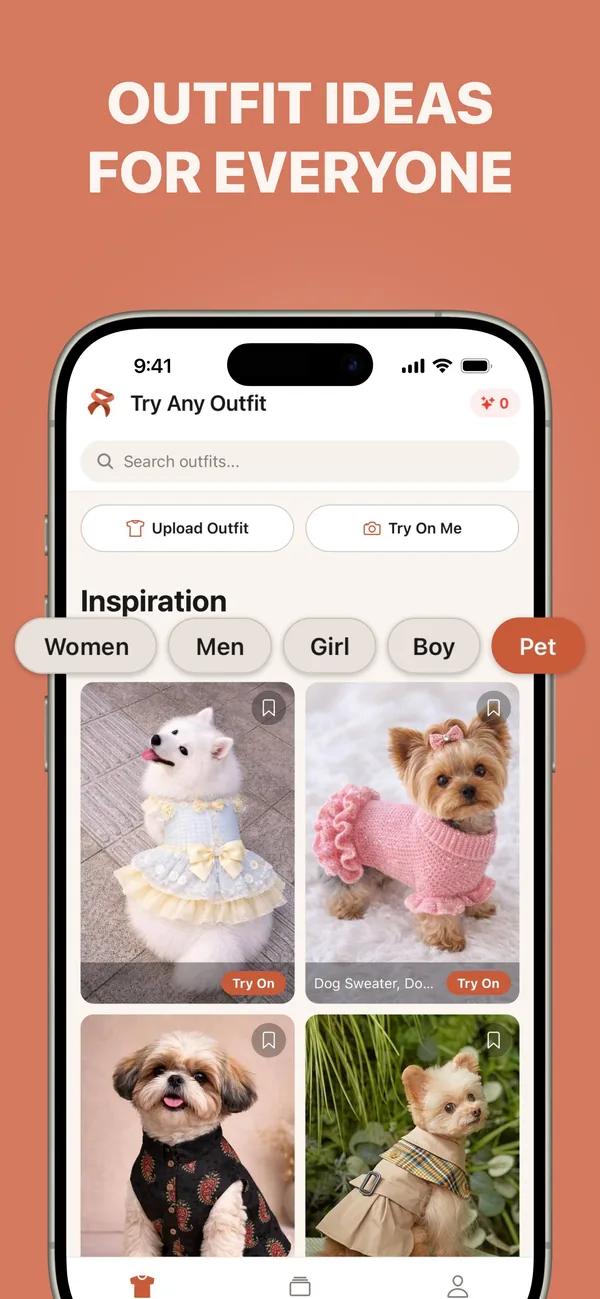 TryAnyOutfit categories showing outfit ideas for everyone