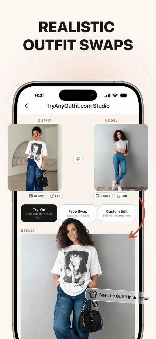 TryAnyOutfit studio showing AI try-on result
