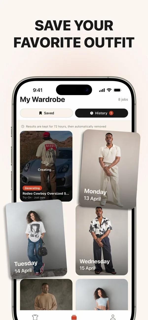 TryAnyOutfit wardrobe showing saved outfits