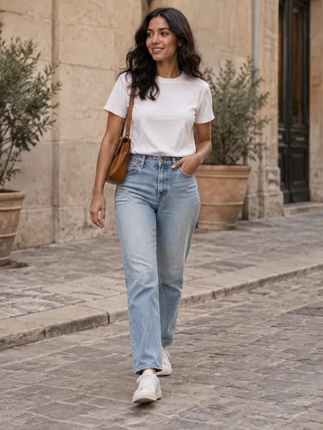 Try-on preview of a white t-shirt with straight-leg jeans